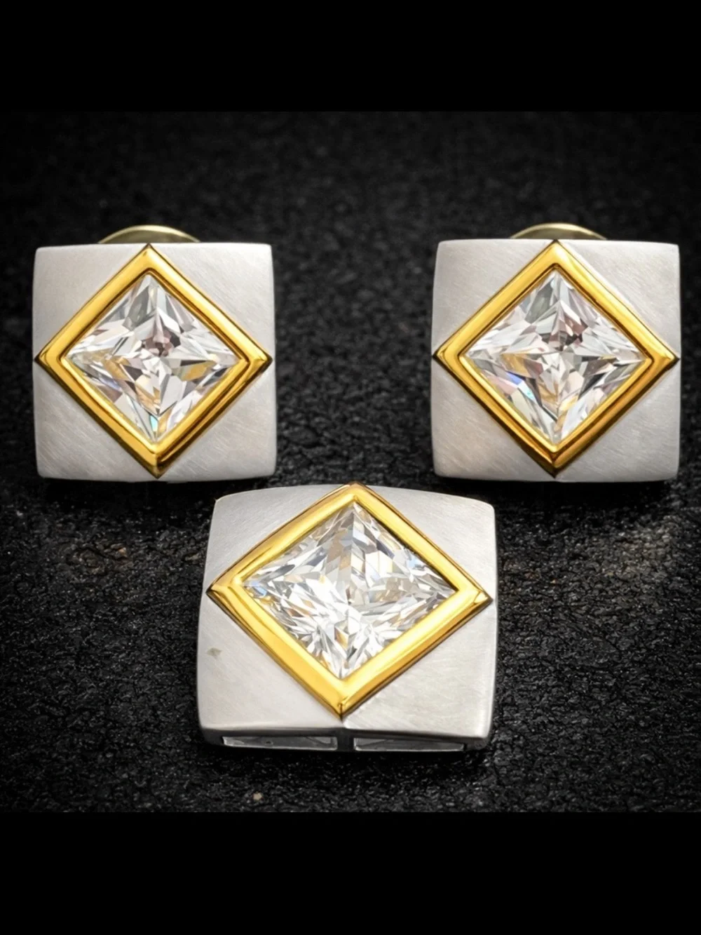 18ct Princess cut bezel brushed silver shiny gold statement earrings pendant set